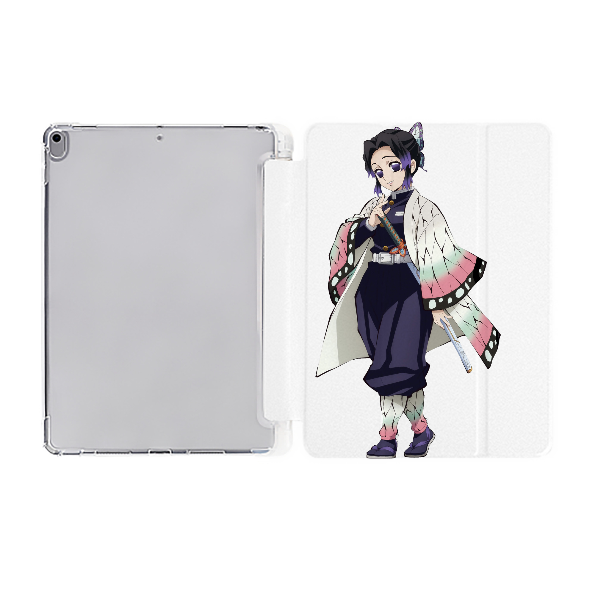 （画像用） 鬼滅の刃（きめつのやいば）蟲柱-胡蝶 しのぶ／こちょう しのぶ Kochou Shinobu IPad ケース ペン収納付き 三つ折りスタンド PUレザー×シリコン 対応機種9.5/10.5/10.9インチ